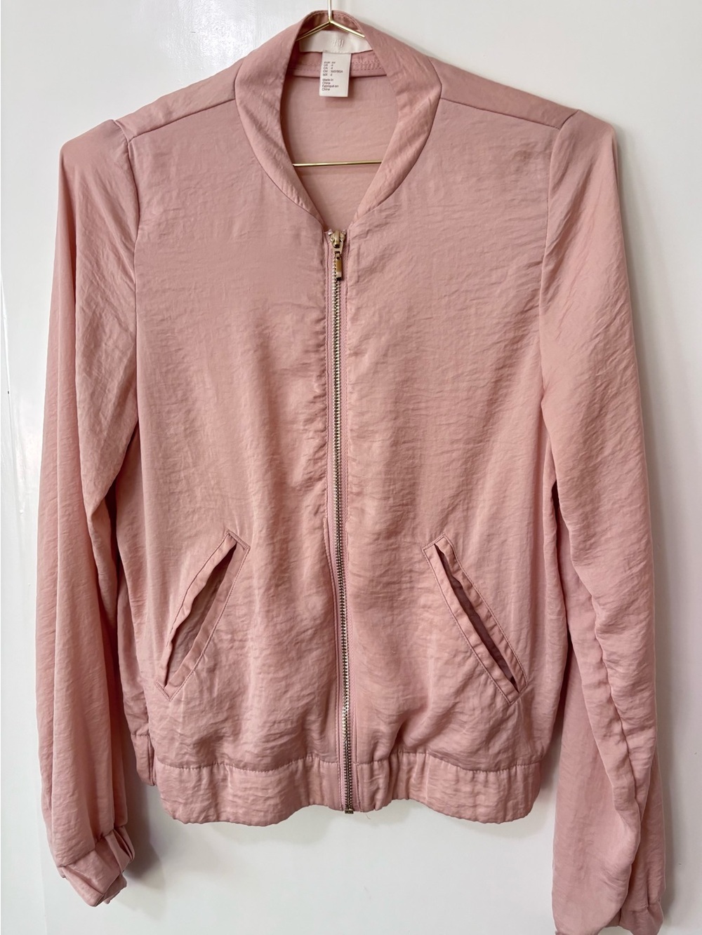H&M| Blush Pink Textured Satin Lightweight Bomber Jacket w/Zipper Sz 4